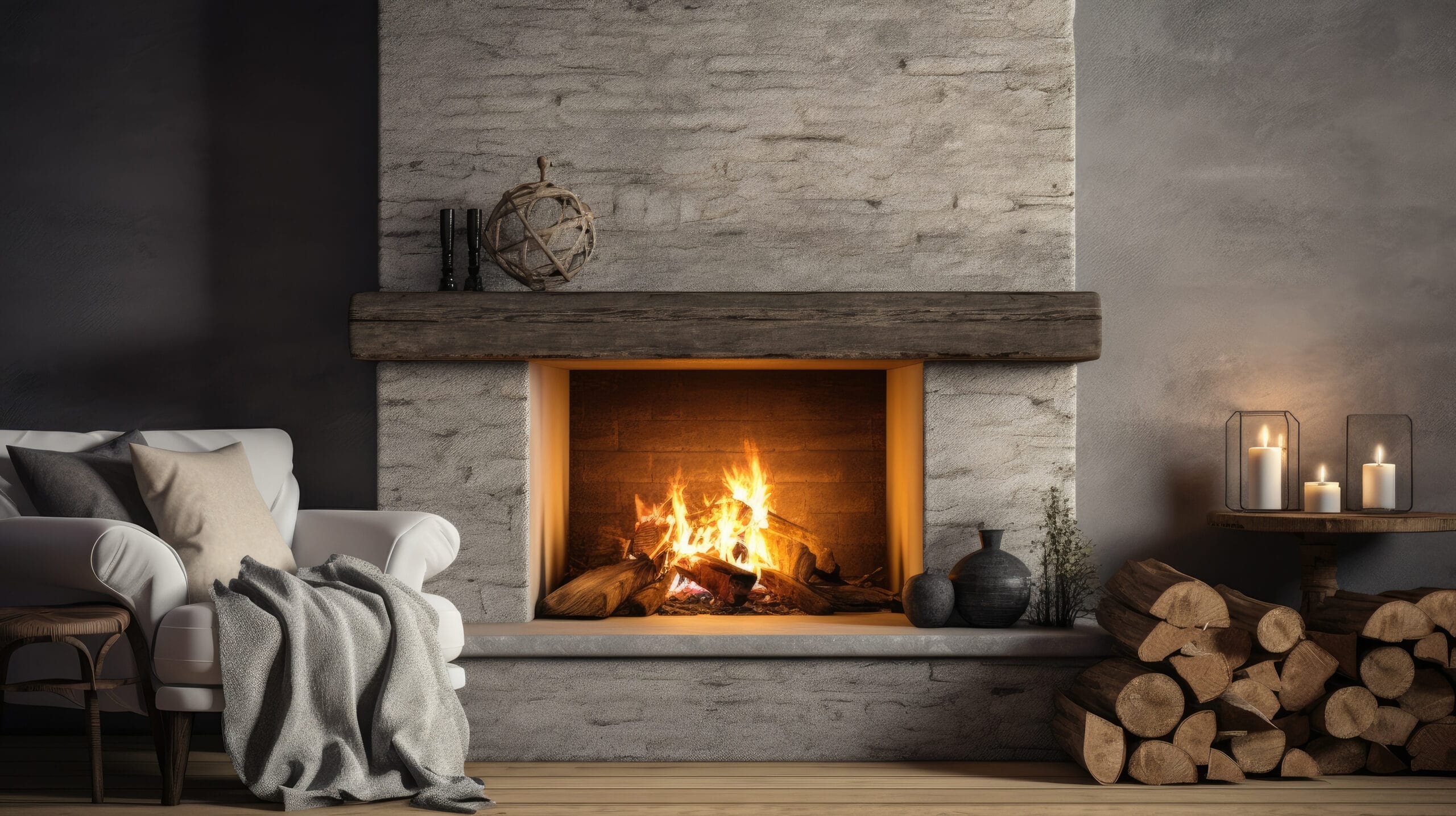 photo of a cozy fireplace with stonewall
