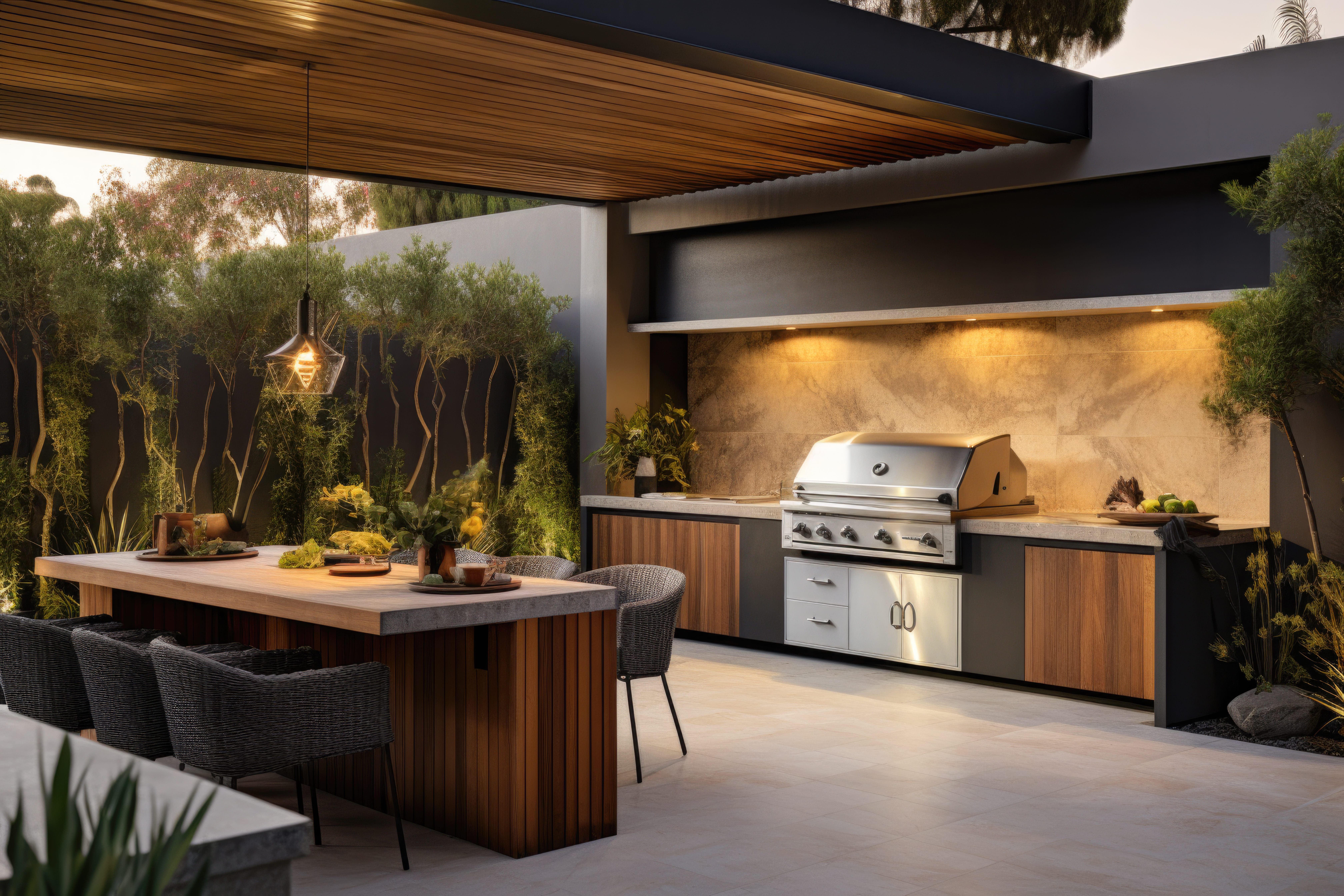 An outdoor entertainment area with a built-in barbecue and a bar setup