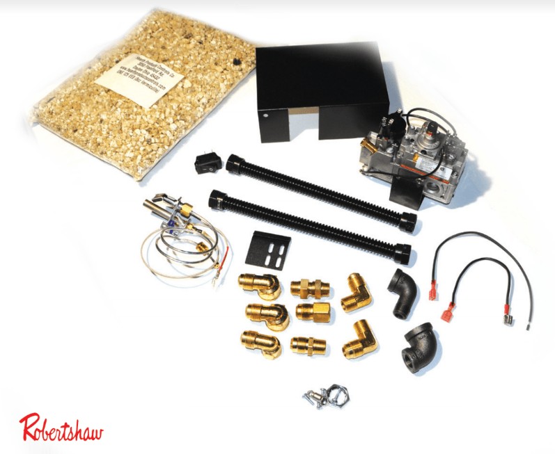 fireplace-parts-kit Fireplace parts kit with gas valve, fittings, connectors, and rock media in St. Louis.