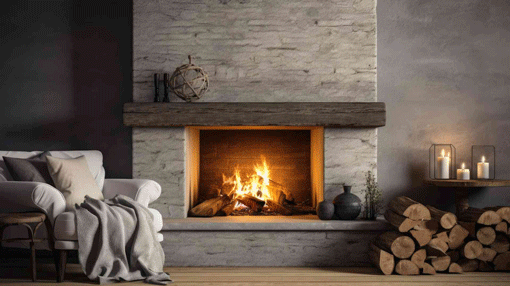 gas-fireplace-maintenance Cozy living room with stone gas fireplace and stacked firewood for maintenance in St. Louis, MO