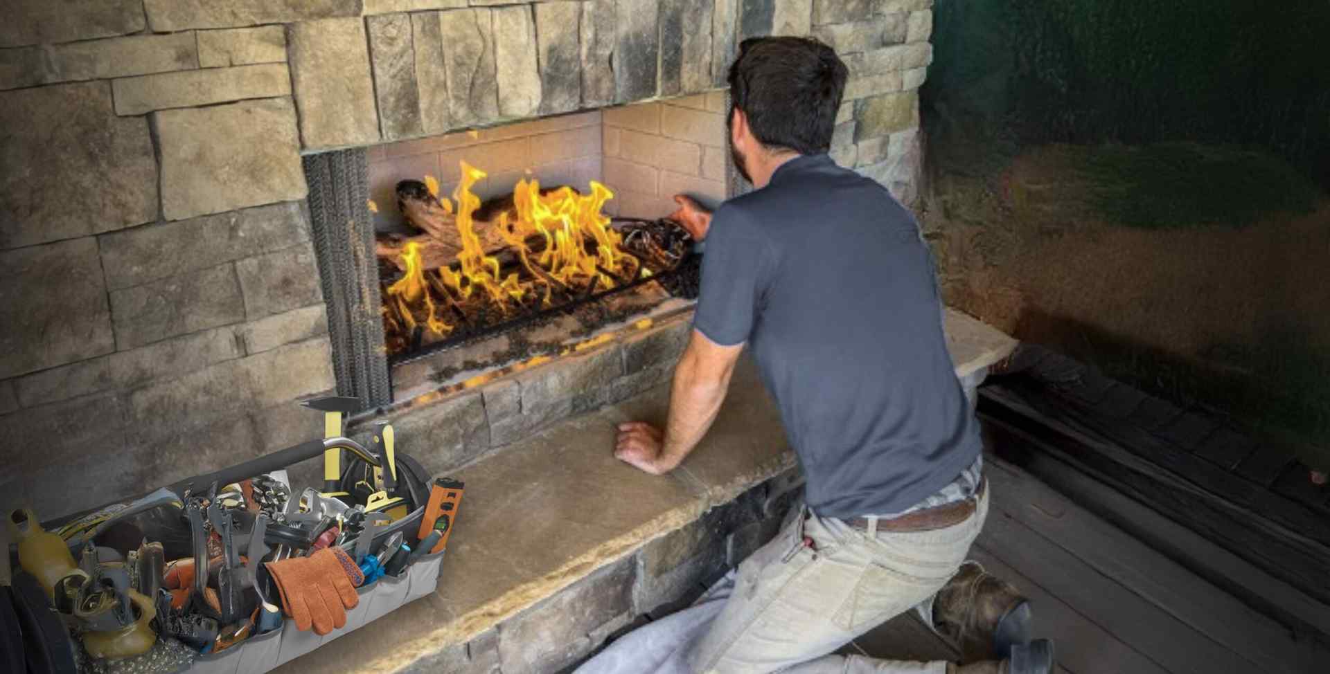 Technician performing professional gas fireplace service and maintenance in St. Louis, MO