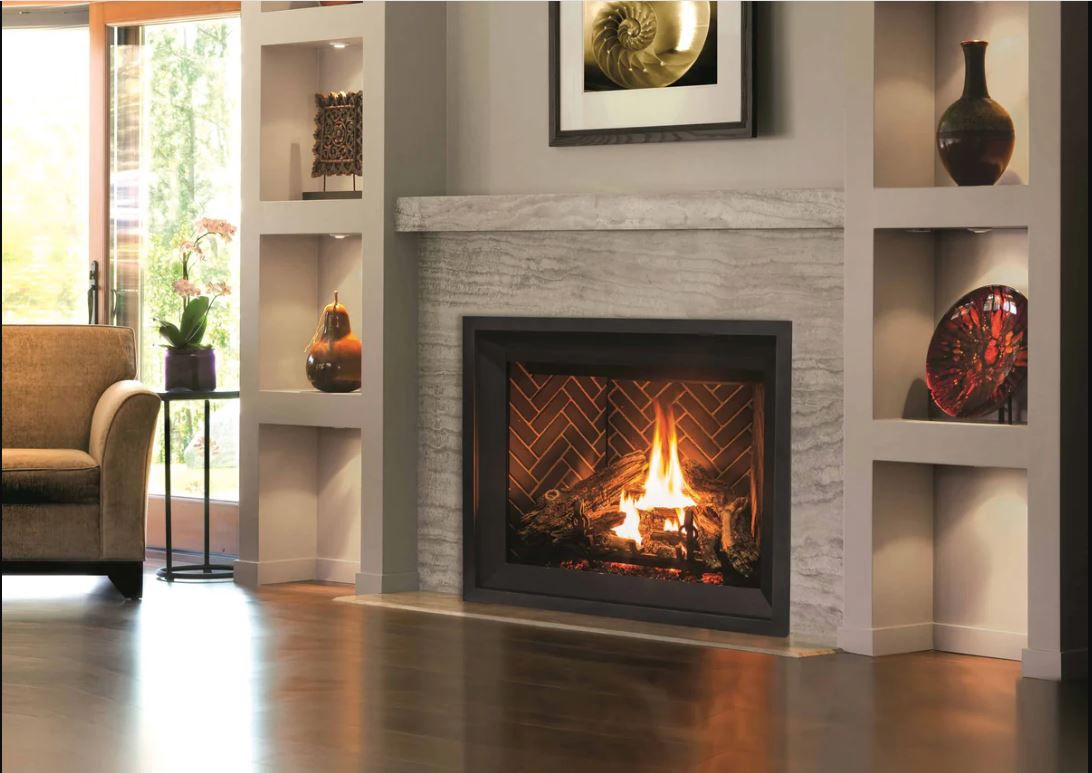 modern-fireplace Modern fireplace with herringbone brick interior and decorative shelves in St. Louis, MO
